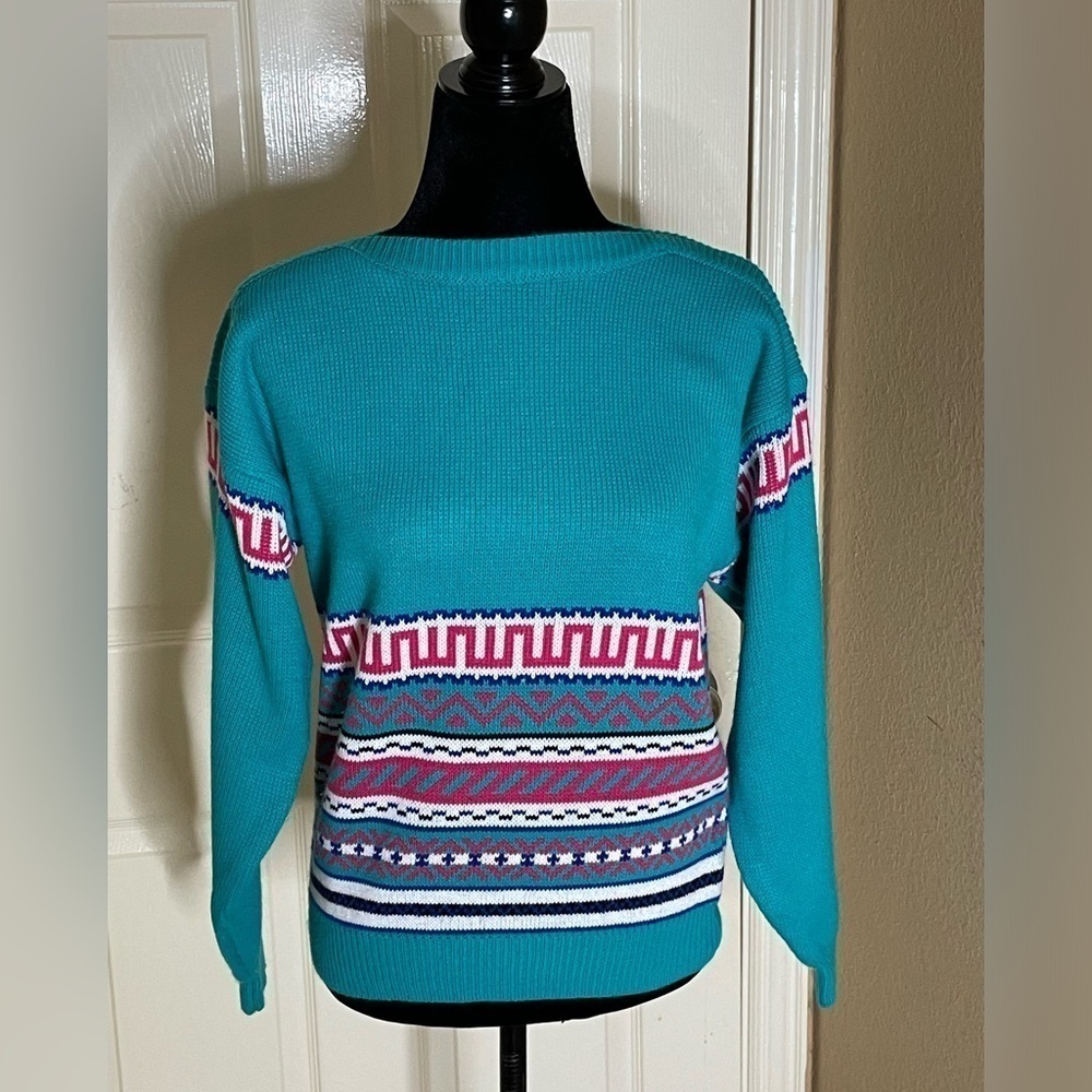Vintage 80s/90s Turquoise Pink Stripe Patterned Sweater Medium​​​​​​​​​​​